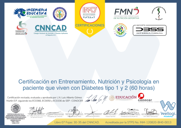 Certificado en Entrenamiento Nutrición y Psicología en paciente que viven con Diabetes tipo 1 y 2